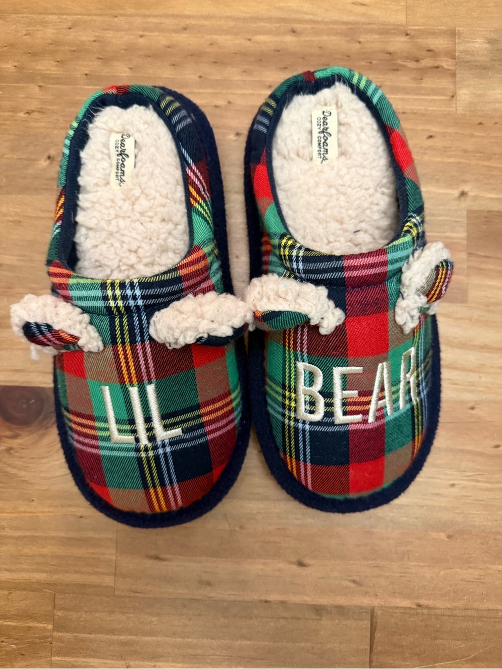 dearfoams Kids Plaid 'Lil Bear' Slip-On Slippers in Red and Green size 2/3~ NWOT